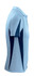 A light blue polo shirt with navy side panels and a logo on the chest. It features a classic collar and short sleeves.