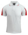 A white polo shirt with red accents and a logo on the front.