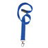A blue woven lanyard with a metal clip and a breakaway buckle.