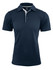 A navy blue polo shirt with a two-button placket and contrasting collar, featuring a logo.