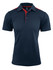 A navy blue polo shirt with red accents, featuring a collar, three buttons, and a logo.