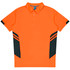 An orange polo shirt with black side stripes and a collar, featuring a logo on the chest.
