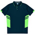 A navy polo shirt with lime green accents and a logo, featuring a classic collar and short sleeves.