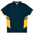 Navy blue polo shirt featuring yellow accents and stripes, with a collar and button placket. Includes a logo.
