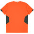 An orange t-shirt with dark grey accent panels on the sides and a simple design. It features a logo.