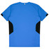 A blue T-shirt with black side panels and a tag at the neck; features a simple, sporty design.