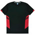 A black t-shirt with red accents on the sides and a logo on the collar. Ideal for kids.