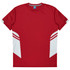 A red T-shirt featuring white and grey design elements and a branding logo.