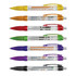 A collection of plastic pens in various colours: yellow, orange, red, green, purple, and black, featuring logos.