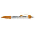 A transparent pen with an orange grip and clip, featuring a clear barrel and silver ink tip.