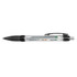 A plastic pen with a transparent barrel and black accents, featuring colorful flag designs inside.