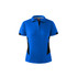 A blue women's polo shirt featuring black side panels and a collar, with a logo on the neckline.