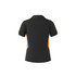 A black polo shirt with orange accents, featuring a tailored fit and a collar. It has a logo on the garment.
