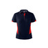 A navy blue polo shirt with red accents and a branded logo. Features a collared neck and short sleeves.