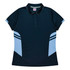 A navy blue polo shirt with light blue accents and a collar. It features a logo on the chest.