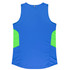 A blue singlet featuring green side panels and a logo. Designed for women's activewear.