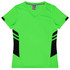 A vibrant green women's t-shirt with black side accents and a V-neck design. Features a branding logo.