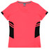 A pink v-neck t-shirt with black side panels and stripes, featuring a logo on the label.