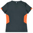 A dark teal women's T-shirt with orange accents on the sides and a simple design. It has a logo on the back.