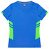 A blue women’s t-shirt featuring green accents and a V-neck design, with logo branding included.