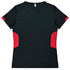 A black and red women's T-shirt featuring a simple design and a logo on the back.