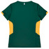 A women's T-shirt in dark green with yellow side panels and a logo on the back.