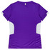 A purple women's t-shirt with white side panels and a logo on the back. Short sleeves and a round neckline.