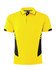 A yellow polo shirt featuring black accents and a logo on the collar.