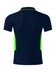 A navy polo shirt with green accents, featuring a collar and short sleeves. The design includes a logo.
