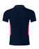 A navy polo shirt featuring pink panels, displaying a simple design and a logo on the back.
