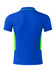 A blue polo shirt with green accents, featuring a logo on the back. Short sleeves and a classic collar design.