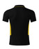 A black polo shirt with yellow side panels and a collar, featuring a logo on the back.