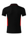 A black polo shirt with red side panels and a logo on the front. Short sleeves and a classic collar design.