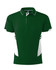 A green men's polo shirt featuring white accents and a logo on the chest.