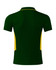 A men's polo shirt in dark green with yellow side panels and a collar, featuring a logo.