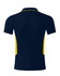 A navy blue polo shirt with yellow side accents and a collar, featuring a logo on the front.