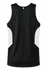 A black singlet with white side panels, featuring a logo on the back. Ideal for casual or athletic wear.