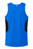 A blue men's singlet with black side panels and a logo on the back.