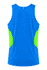 A vibrant blue singlet featuring bright green side panels and a logo. Ideal for active wear.
