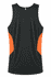 A black men's singlet with orange side panels and a logo on the back. Suitable for active wear.