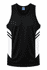 A black singlet with white stripes on the sides and a logo on the upper section.