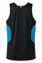A black singlet with turquoise side panels and a logo on the back. Suitable for casual wear or sports activities.