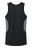 A men's singlet in black with grey side panels and a logo on the back.
