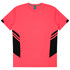 A coral red t-shirt with black accent stripes on the sides and a logo on the neckline.