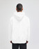 A white pullover hooded sweatshirt with a kangaroo pocket, featuring a branding logo on the back.
