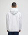 A white pullover hooded sweatshirt with a kangaroo pocket, featuring a branding logo on the back.