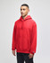 A red pullover hooded sweatshirt with a front pocket and logo on the sleeve, displayed on a model.