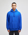 A blue pullover hooded sweatshirt with a front pocket and a logo detail.