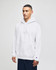 A white pullover hooded sweatshirt with a front pocket and a logo, modelled by a person.