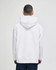 A white pullover hooded sweatshirt featuring a hood and a logo, shown from the back.